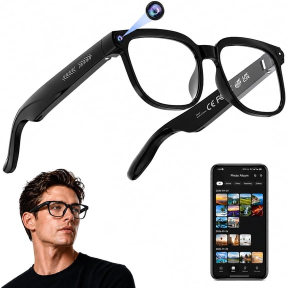 AI Smart Glasses with Camera, 4K HD Video & Photo Capture, Real-Time Translation, Recording Glasses with AI Assistant, Open-Ear Audio, Object Recognition, Bluetooth, for Travel (Transparent Lens)
