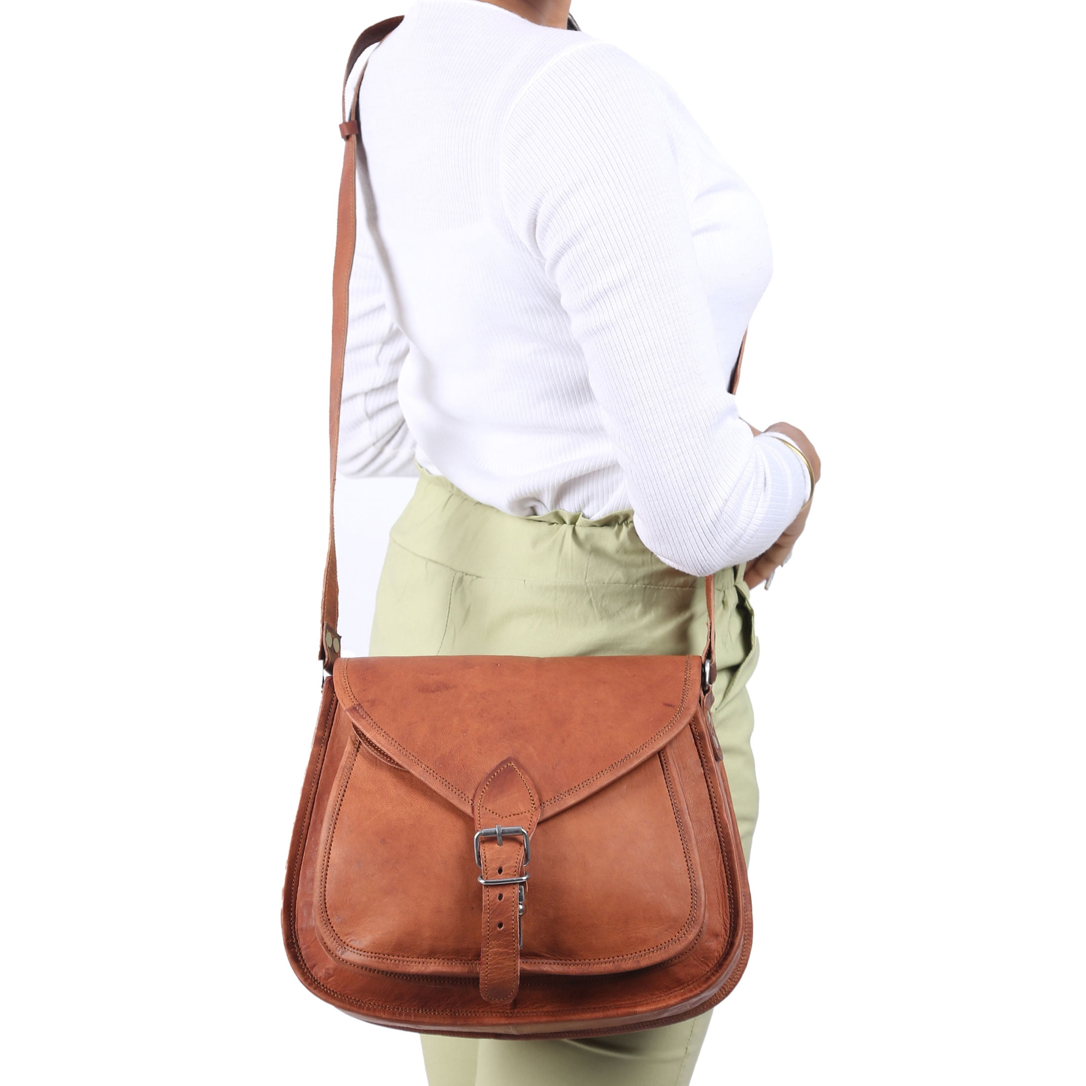 Leather Crossbody 12 Inch Shoulder Bag for Women, Tote Satchel Purse for Travel or Daily Use