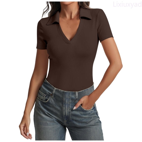 Lixiuxyad Women's Slim Fit V Neck Collar Long Sleeve Top Solid Color Casual Blouse Trendy Flowy,Brown L
