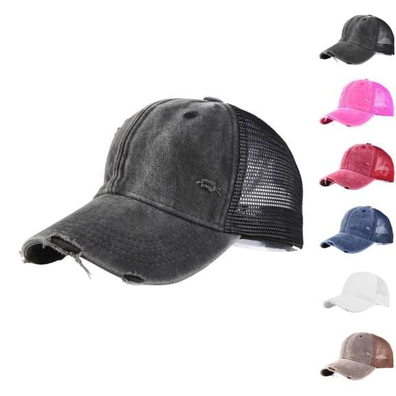 Women's Distressed Trucker Hat, Classic Mesh Back Adjustable Baseball Cap, Casual Retro Sun Hat for Outdoor Daily Wear, Street Style and Summer Fashion-Black