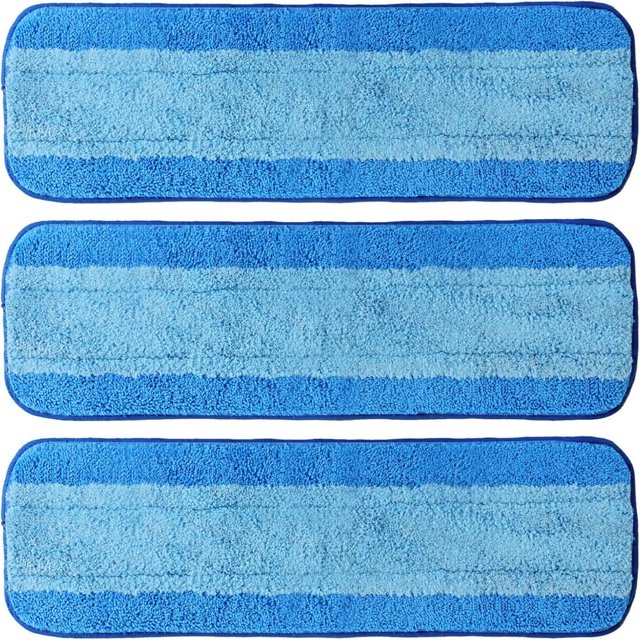 CUITING 3 Pack Reusable Mop Refill Pads compatible with Bona mops, featuring 18-inch microfiber pads in blue with dual-zone fibers for deep cleaning. Ideal for hardwood, tile, and laminate floors, these pads attach via a hook-and-loop system and effectively clean pet fur, dust, and stains. Machine washable and reusable up to 500 times.