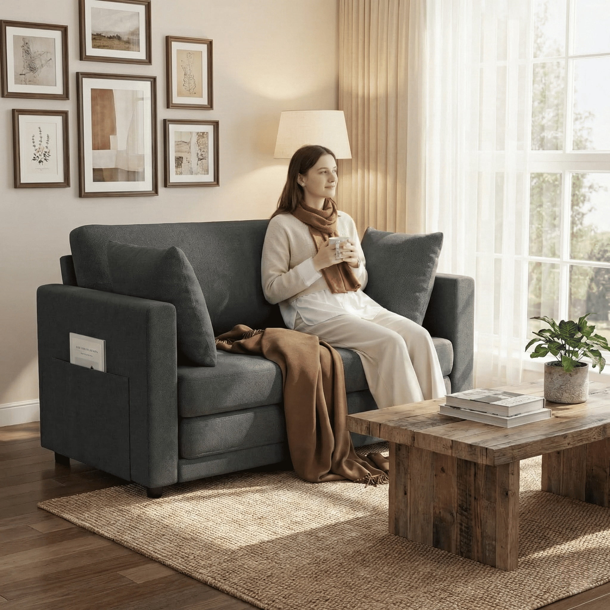 Gacale Sofa Bed, 2-in-1 Pull Out Loveseat Sleeper Sofa, Folding Floor Couch for Guest Room and Bedroom, Dark Gray