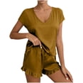 thumbnail image 2 of Gamivast Satin Pajama Sets for Women 2 Piece V-Neck Short Sleeve Top & Ruffle Shorts Sleepwear Silky Soft Lounge Sets Nightwear, 2 of 5