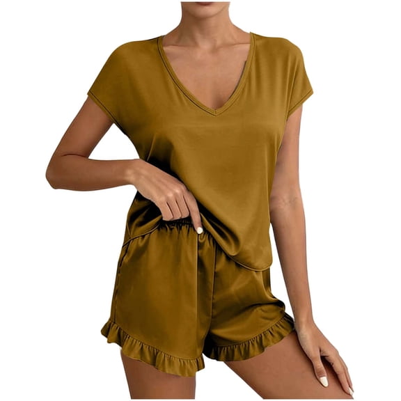 biudgviw Womens Pajama Sets Comfy Sleeveless Sleepwear Summer V Neck Tank Top with Ruffle Hem Shorts Pj Set 2 Piece Loungewear