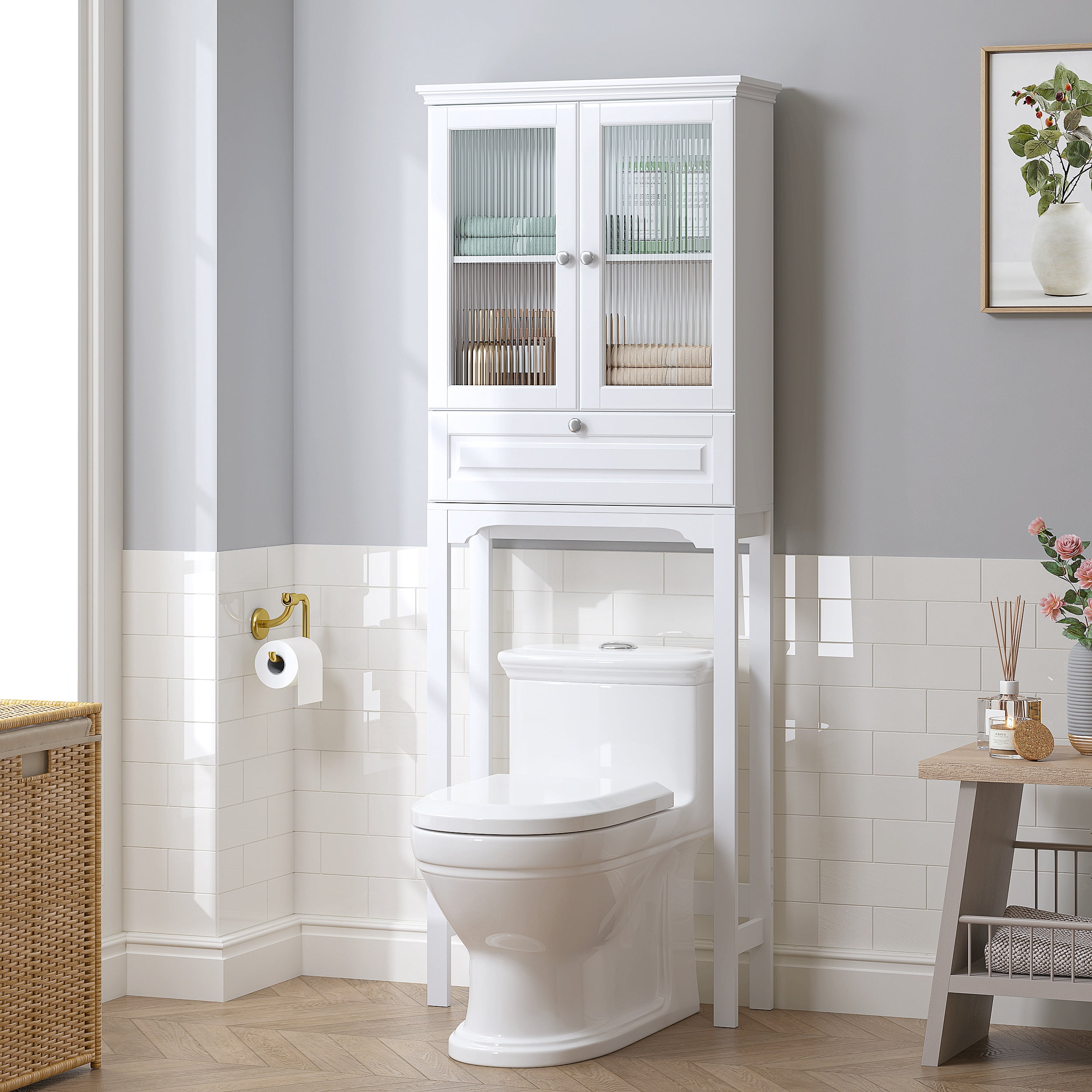 STAROUS Over-the-Toilet Storage Cabinet with Muro Glass Doors & Tilt-Out Cube, White