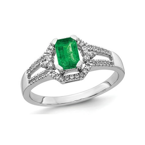 1/2 Carat (Ctw) Natural Emerald Ring in 14K White Gold with Diamonds 1/6 Carat (Ctw)