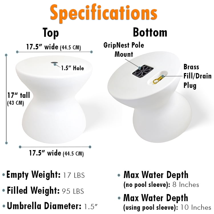 Dunn-Rite ShadeTable Water-Filled Pool Umbrella Outdoor Base and Side Table, Fits 1.5" Pool Umbrella for Inside of Pool, Use on Patios, Docks, in-Water up to 12" Deep, Made in USA, White