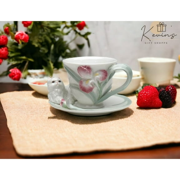Ceramic Persian Cat Cup and Saucer Set Iris Flower Gift 4.5 Inch