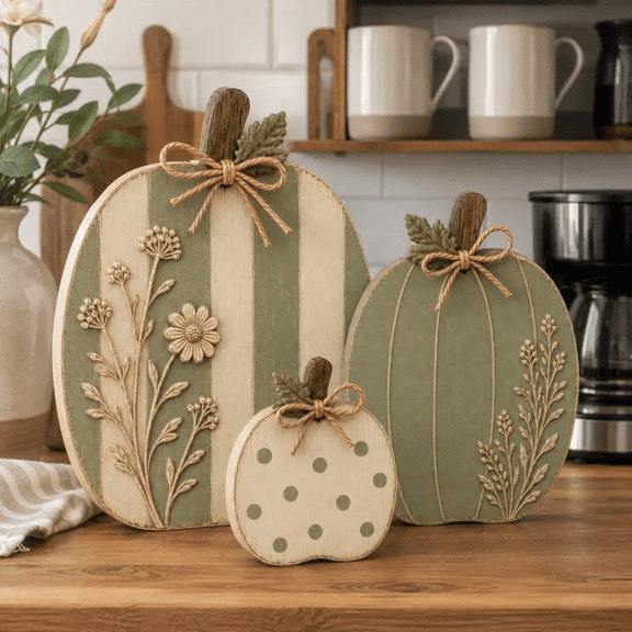 Sage & Cream Raised Wildflower Solid Wood Pumpkin Trio, Fall Decor Mantel entryway table shelf, with raised wildflower, farmhouse boho wood, autumn thanksgiving centerpiece