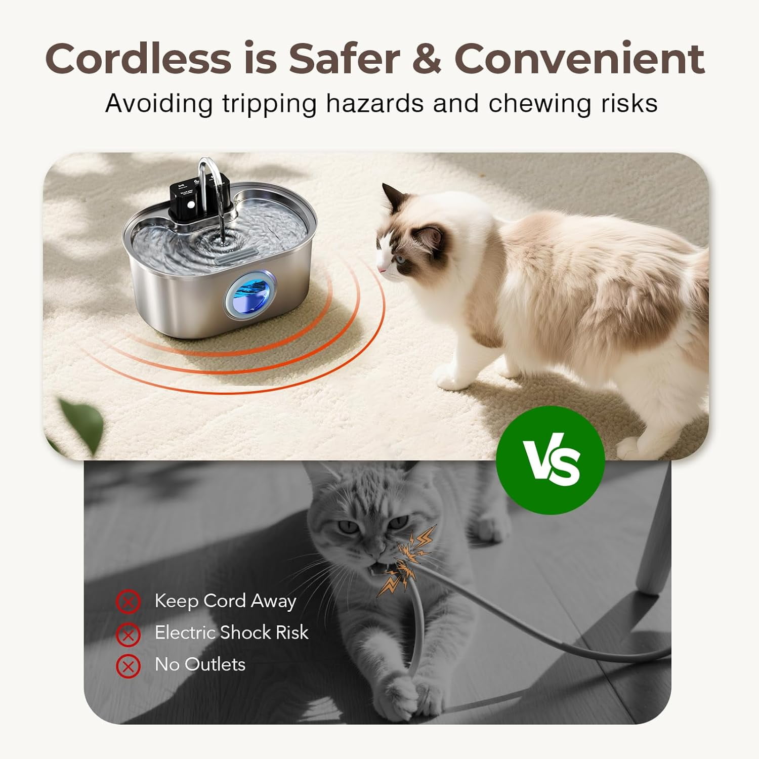 Stainless Steel Cordless Battery Operated Pet Water Fountain, 108oz/3.2L Quiet Pump, BPA-Free with 3 Filters, Easy to Clean for Indoor Cats
