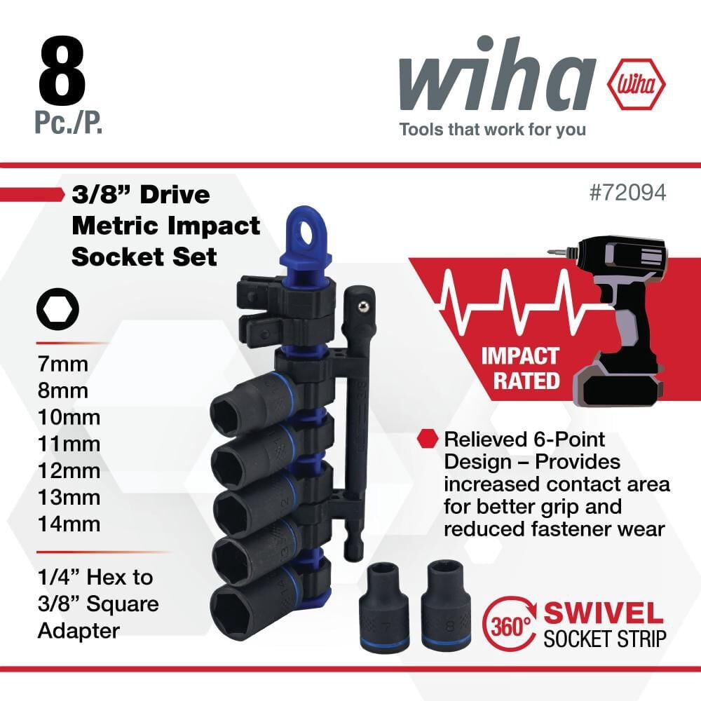 Wiha 3/8 Inch Drive Metric Impact Socket Set, 8 Pieces