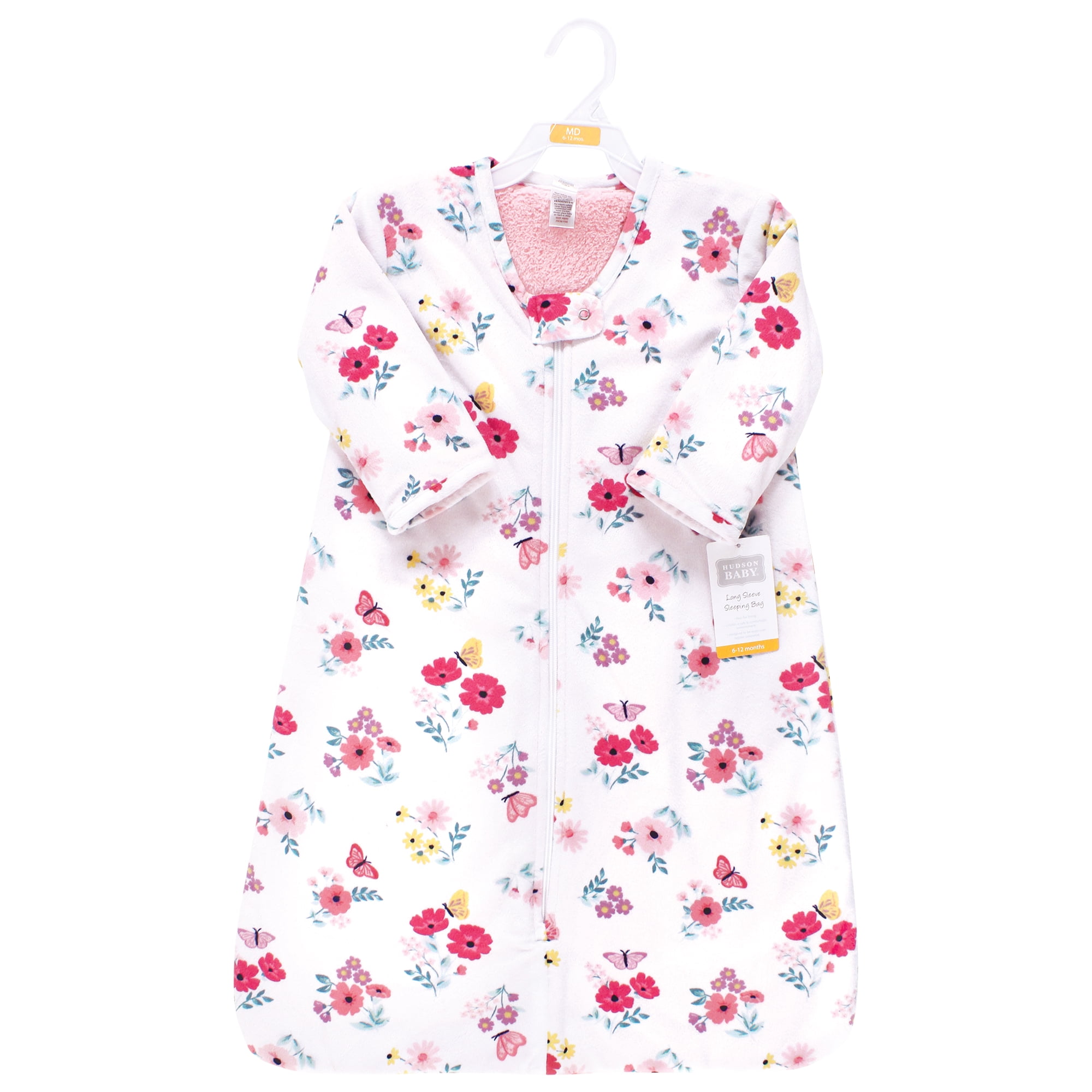 Hudson Baby Girls Long Sleeve Plush Faux Fur Sleeping Bag, Wearable Blanket, Butterfly Floral, 0-6 Months