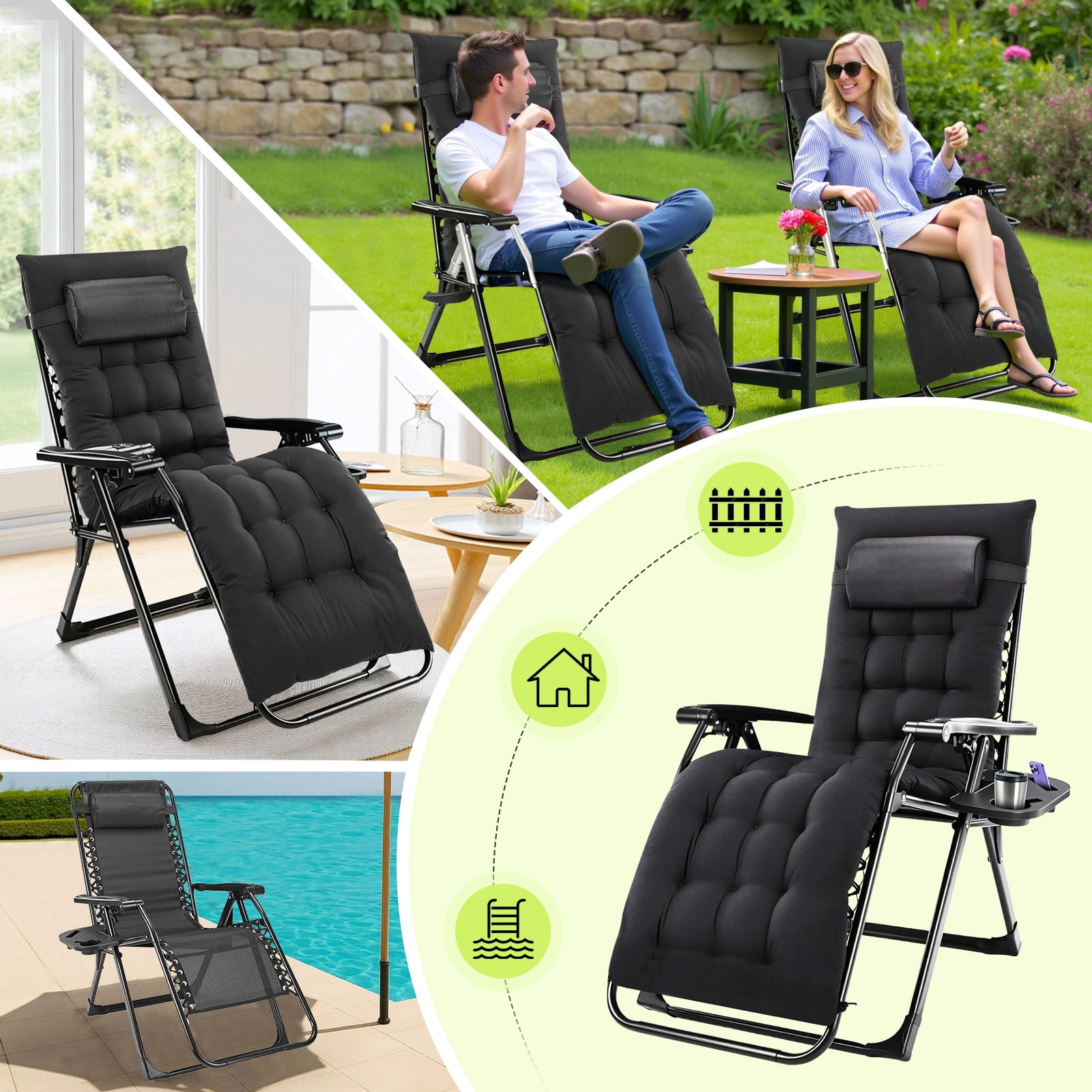 Simenmax Zero Gravity Chair, Heavy-Duty Reclining Lounge Chair with Padded Cushion & Cup Holder, Foldable Patio Recliner for Camping, Beach, and Indoor Relaxation,Black
