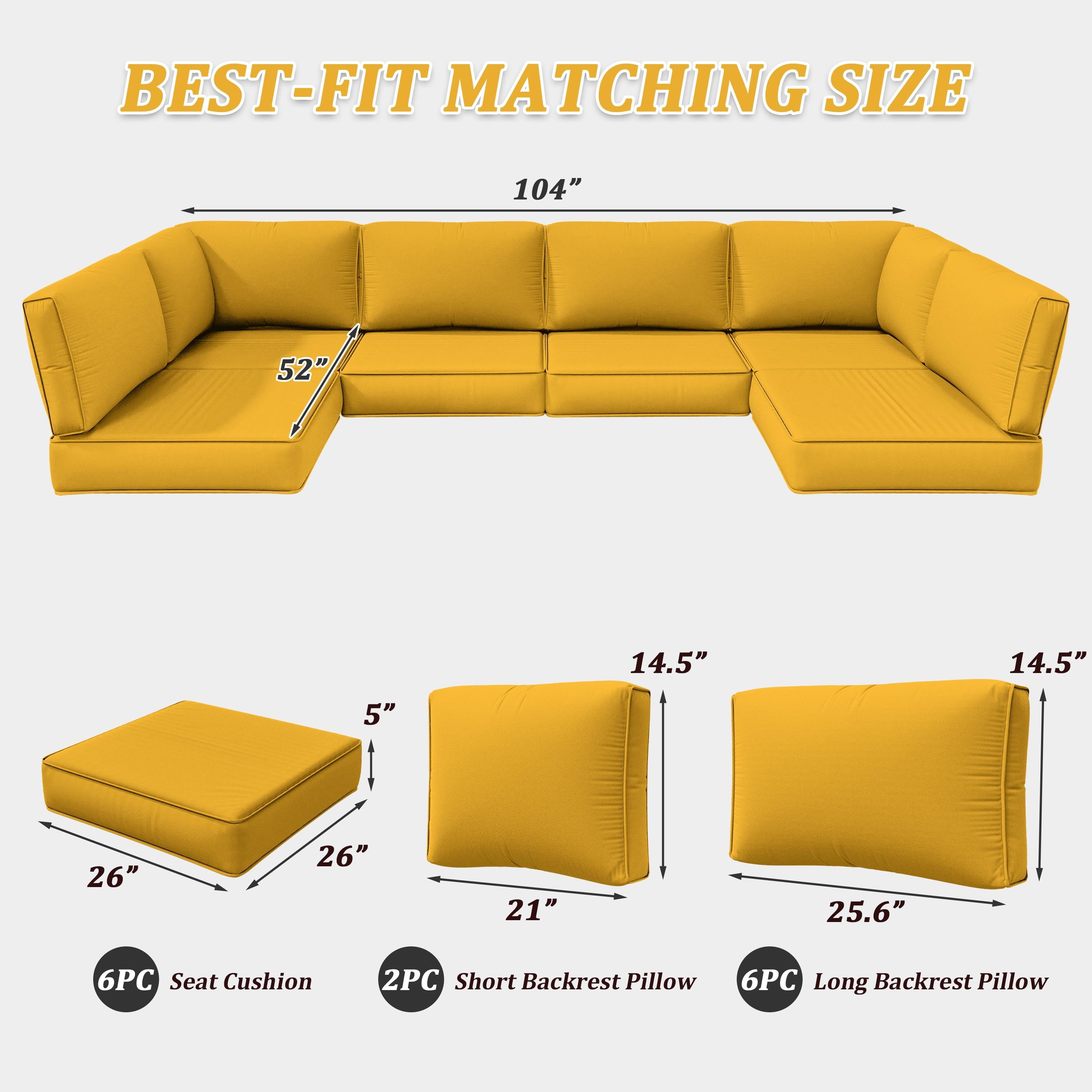 Pakunoda 14 Pieces Outdoor Replacement Cushions, 5” High-Density Foam Sectional Cushions Couch, 6 Seat Patio Conversation Sets for Rattan Wicker, Liner&Cover, Yellow
