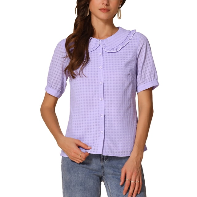 BLUSA DE BOTONES CON CUELLO PETER PAN Y VOLANTES DE GINGHAM PARA MUJERES INSPIRE CHIC XL LILA CLARO