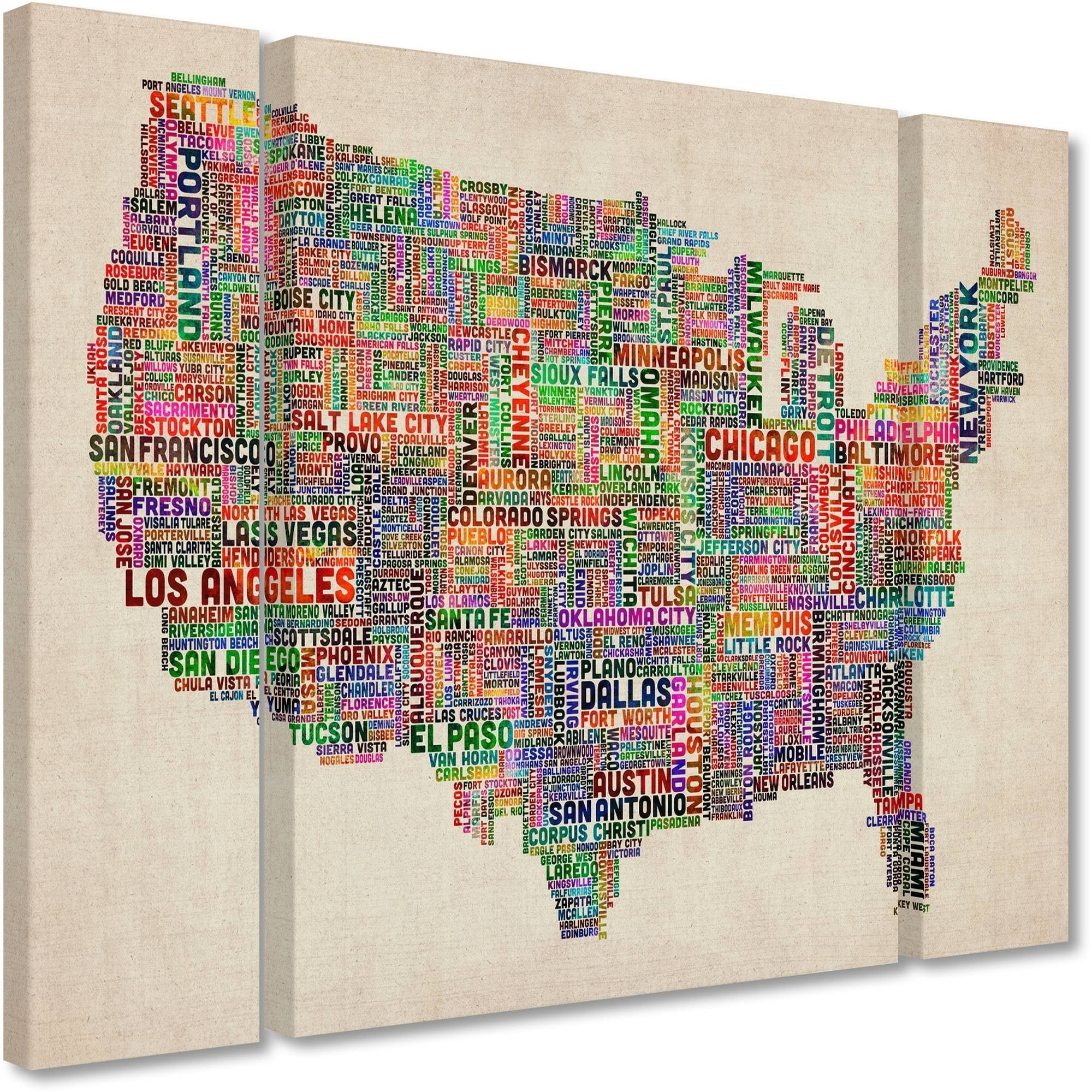 Trademark Fine Art "US Cities Text Map VI" Canvas Art by Michael Tompsett Three Panel Set