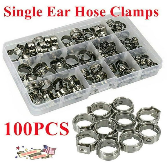 100PCS Stainless Steel Single Ear Hose Clamps Assortment Rings ON Fuel Pipe Clip