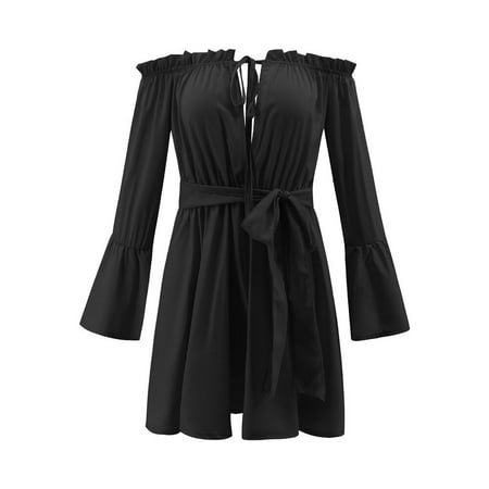Fashion New Sexy Strapless shoulder One word collar Halter Short Sleeve Solid Color Loose Mid-Length Casual Dress