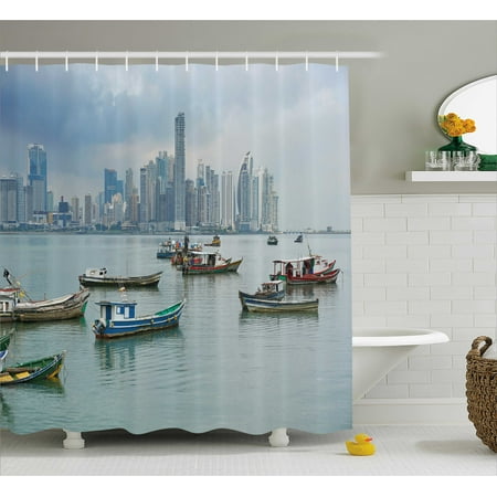 Landscape Shower Curtain Anchored Fishing Boats Skyscrapers