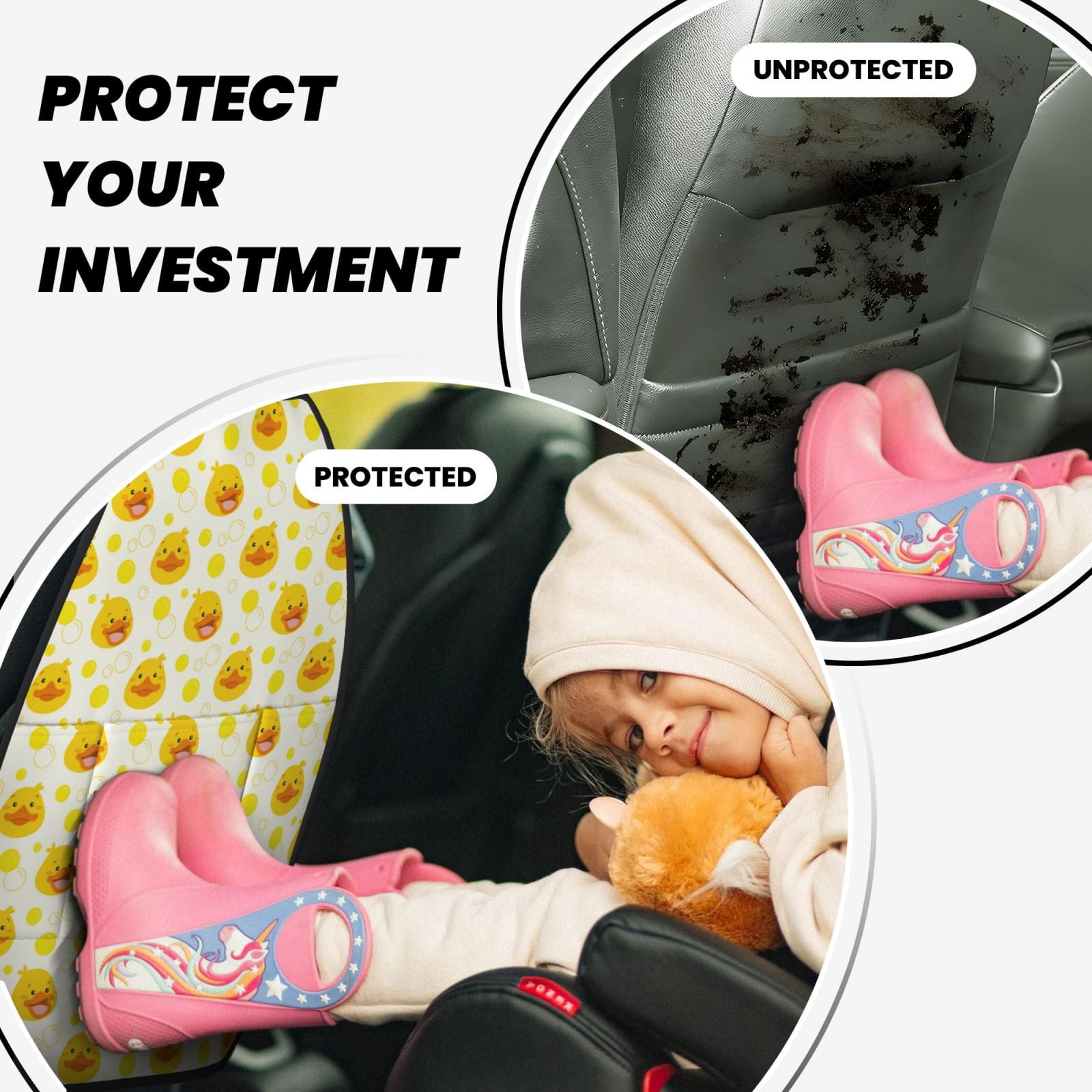 Xecao Ducky Cartoon Pattern Car Seat Back Protector 2 Pack Large Capacity Pocket, Kick Mats Back Seat Protector
