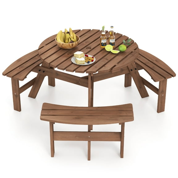 Gymax 6-Person Round Picnic Table Set w/ 3 Built-in Benches 2'' Umbrella Hole Brown