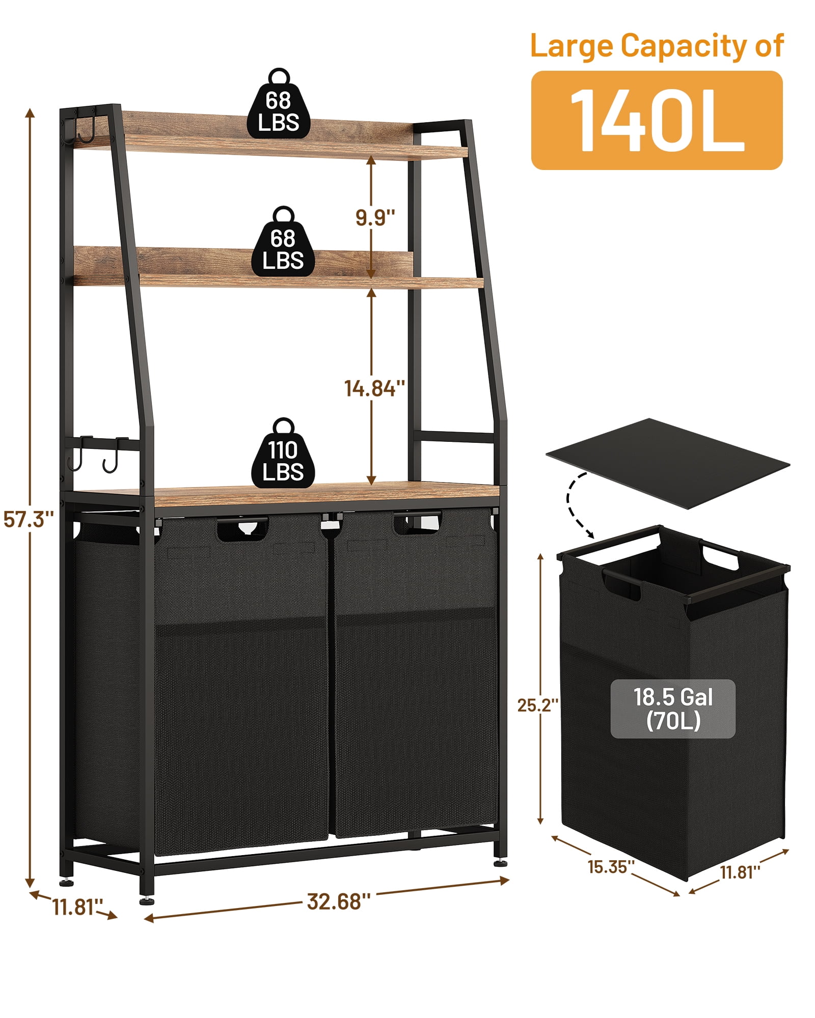 GIKPAL 2 Section Laundry Hamper, 170L Laundry Basket with 3 Shelves Laundry Sorter, Freestanding Laundry Organizer with 4 Hooks & 2 Removable Washable Bags & Side Pockets for Bathroom Dorm