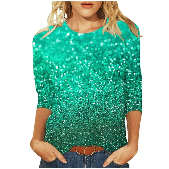 Glitter 3/4 Sleeve Tops for Womens Summer Tshirts Casual Loose Round Neck Tee Shirts Pullover Tunic