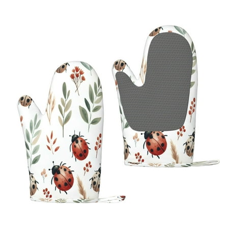 

Junzan Watercolor Ladybug for Oven Mitts 2 Piece Set BBQ Gloves Grilling Gloves Heat Resistant Oven Gloves Kitchen Silicone Oven Mitts for Barbecue/Cooking/Baking