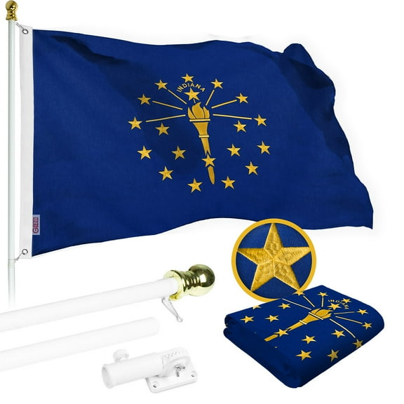 G128 Combo Pack: 6 Ft Tangle Free Spinning Flagpole (White) & Indiana Flag 3x5 Ft Embroidered 220GSM Spun Polyester, Brass Grommets (Flag Included) Aluminum Flag Pole