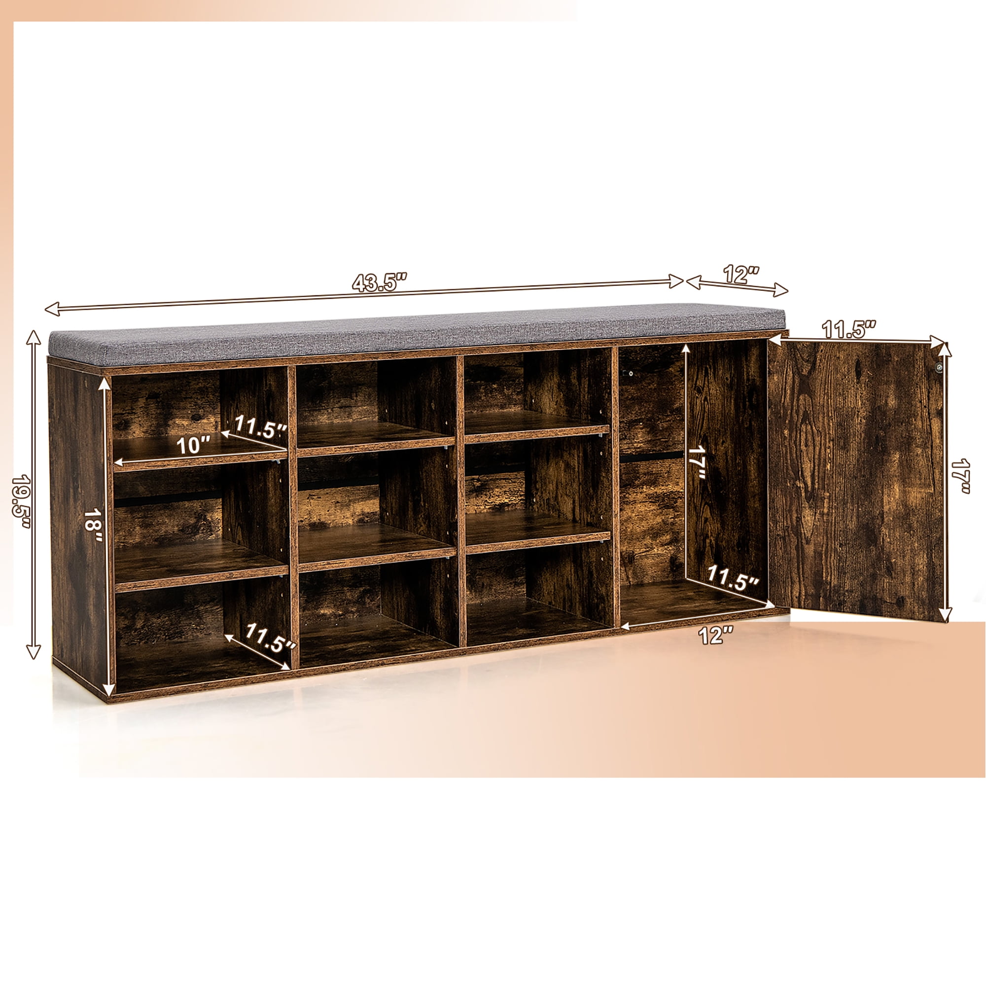 Costway Shoe Bench w/Padded Cushion 9-cube Adjustable Storage Shoe Rack Rustic Brown
