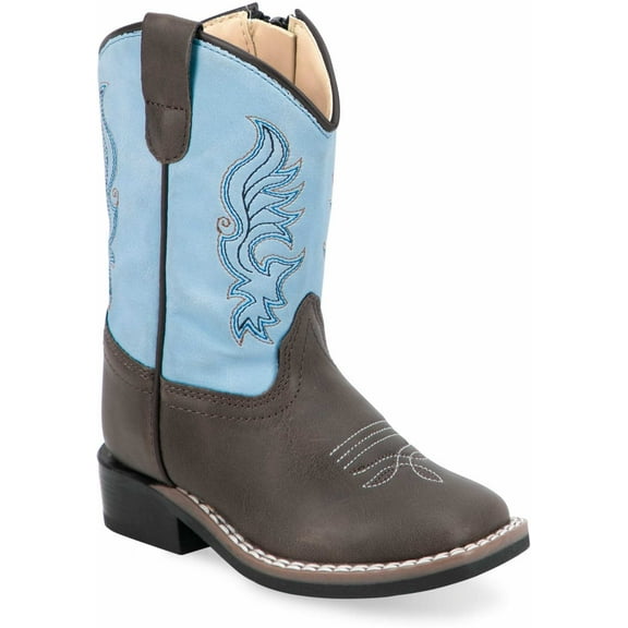 Old West Dark Brown Crazy Horse Foot Sky Blue Shaft Toddler's All Over Leatherette Material Broad Square Toe Boots