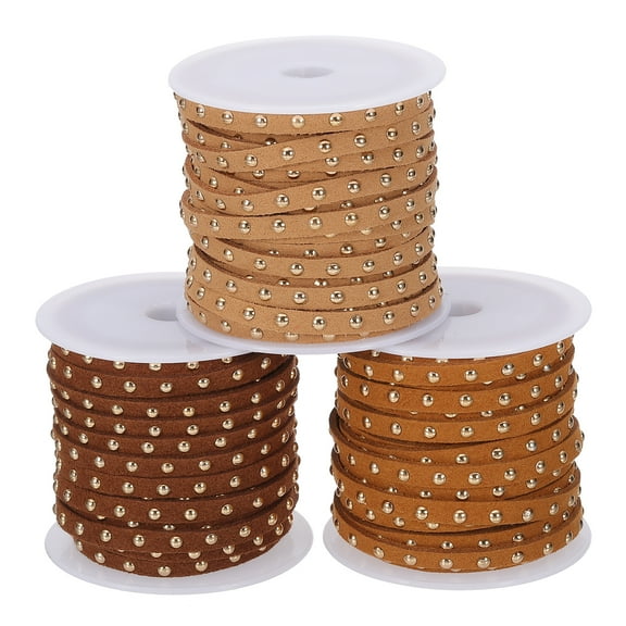 50ft Studded Faux Suede Cord Rope for Jewelry Making 3 Pack Each 5 Meter 5mm Micro Fibre Flat Leather Lace Beading String Ribbon with Gold Rivets Light Brown/Brown/Dark Brown