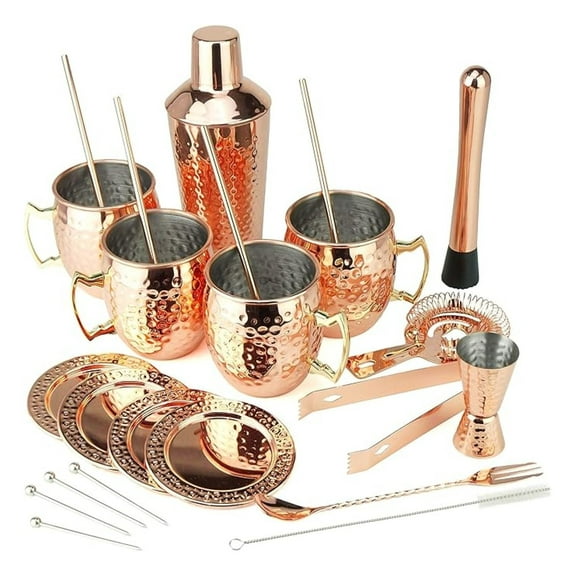 Moscow Mule Set - 25PC Copper Plated Cocktail Set - Shaker, Mugs, Straws & More - Gift for Cocktail Lovers