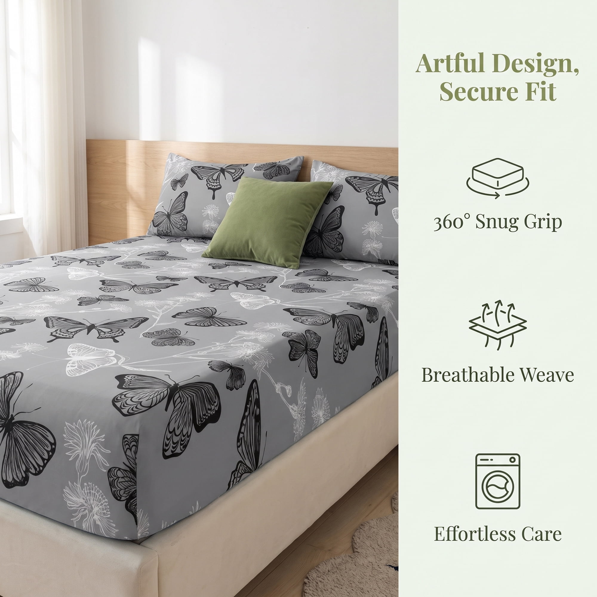 Unique Bargains Fitted Sheet Butterfly Pattern Microfiber Bed Sheets Black 39.0"x74.8"