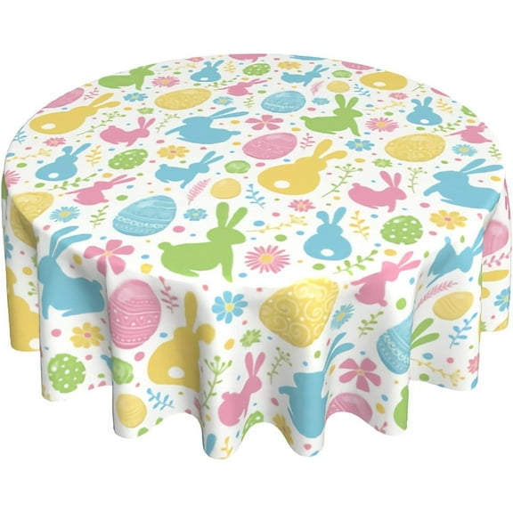 Cute Eggs Bunnies Round Table Cloth,Easter Flowers Tablecloths Waterproof Stain-Resistant Oil-Proof Wrinkle 60 Inch Table Cover Dinner Kitchen Decor