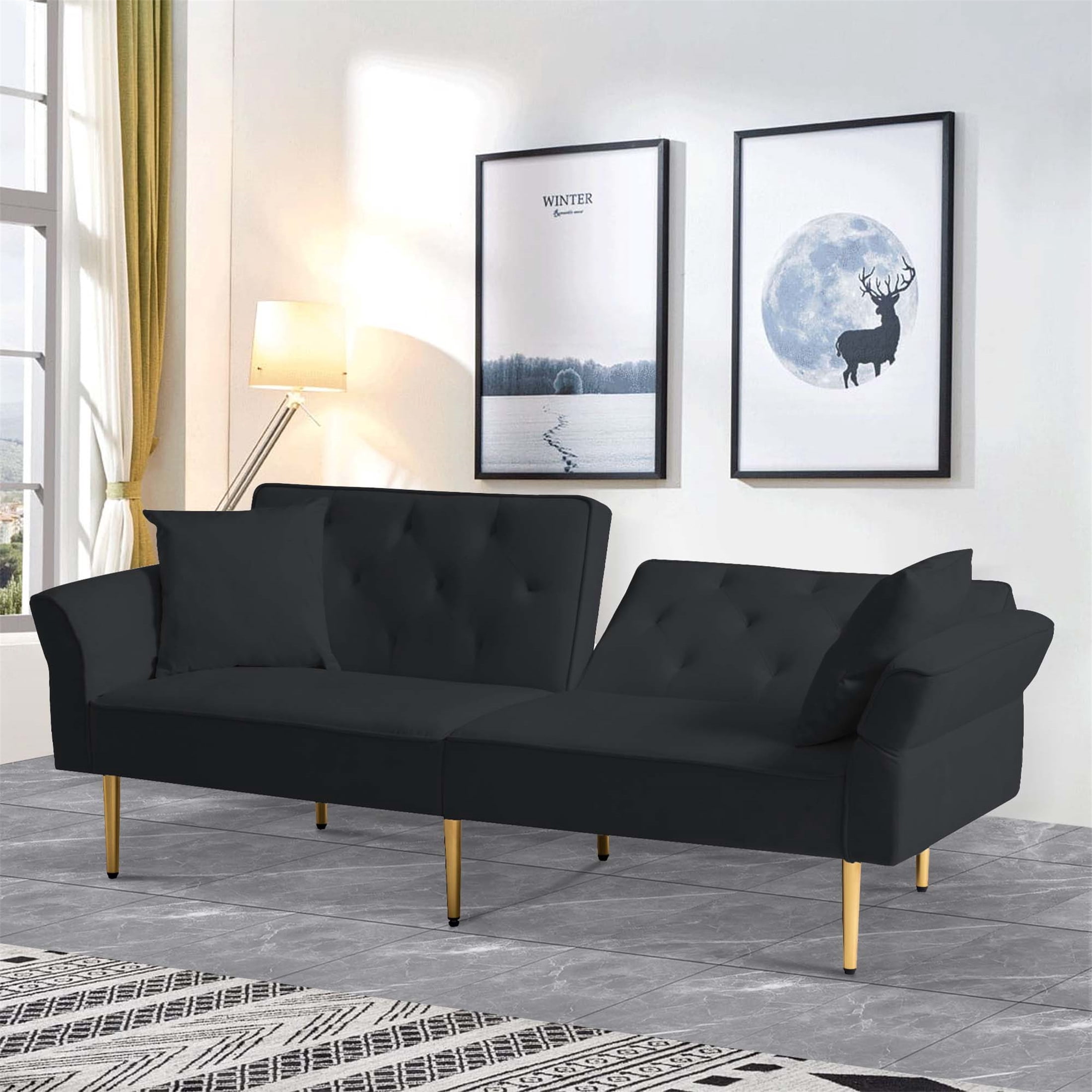 Aukfa 84" Wide Velvet Futon Convertible Sofa for Living Room, Folding Arm, 2 Pillows, Black