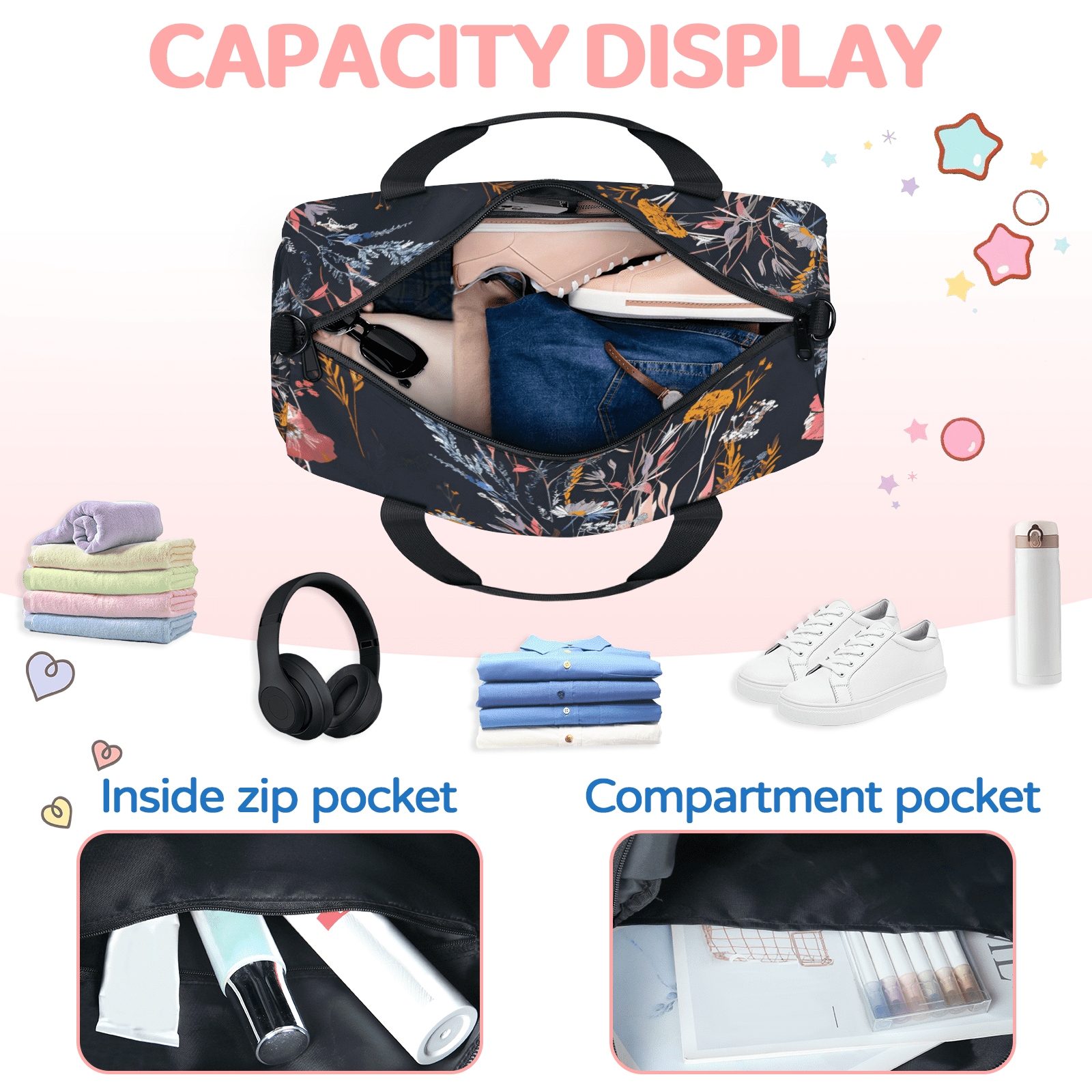 Herdesigns Wildflowers Plant Flower Floral Gym Bag for Women, Duffle Bag for Travel Sport, Lightweight Waterproof Carry on Weekender Overnight Dance Yoga Workout Bags