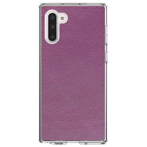 DistinctInk Clear Shockproof Hybrid Case for Samsung Galaxy Note 10 (6.3" Screen) - TPU Bumper, Acrylic Back, Tempered Glass Screen Protector - Purple Faux Leather Print Design - Printed Leather Image
