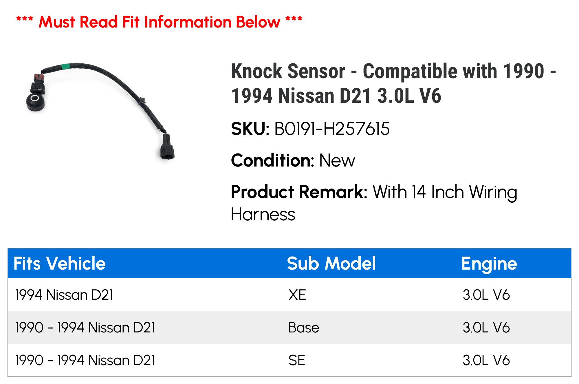 Knock Sensor - Compatible with 1990 - 1994 Nissan D21 3.0L V6 1991 1992 1993