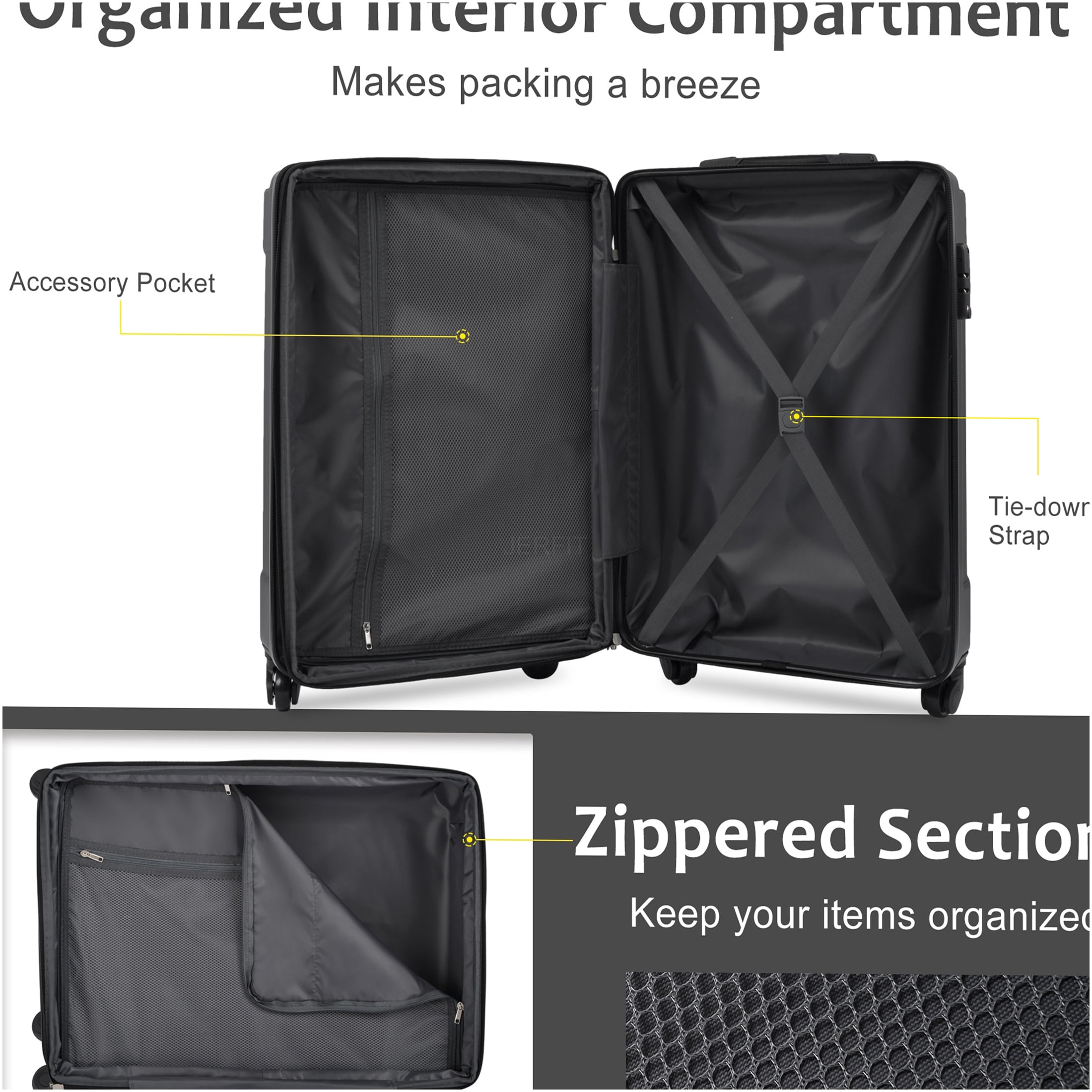 JERFIT 20-Inch Carry On Luggage with TSA Lock, Hardshell ABS Spinner Suitcase, Lightweight Check-In Approved Underseat Travel Bag, Includes Packing Cubes, Black