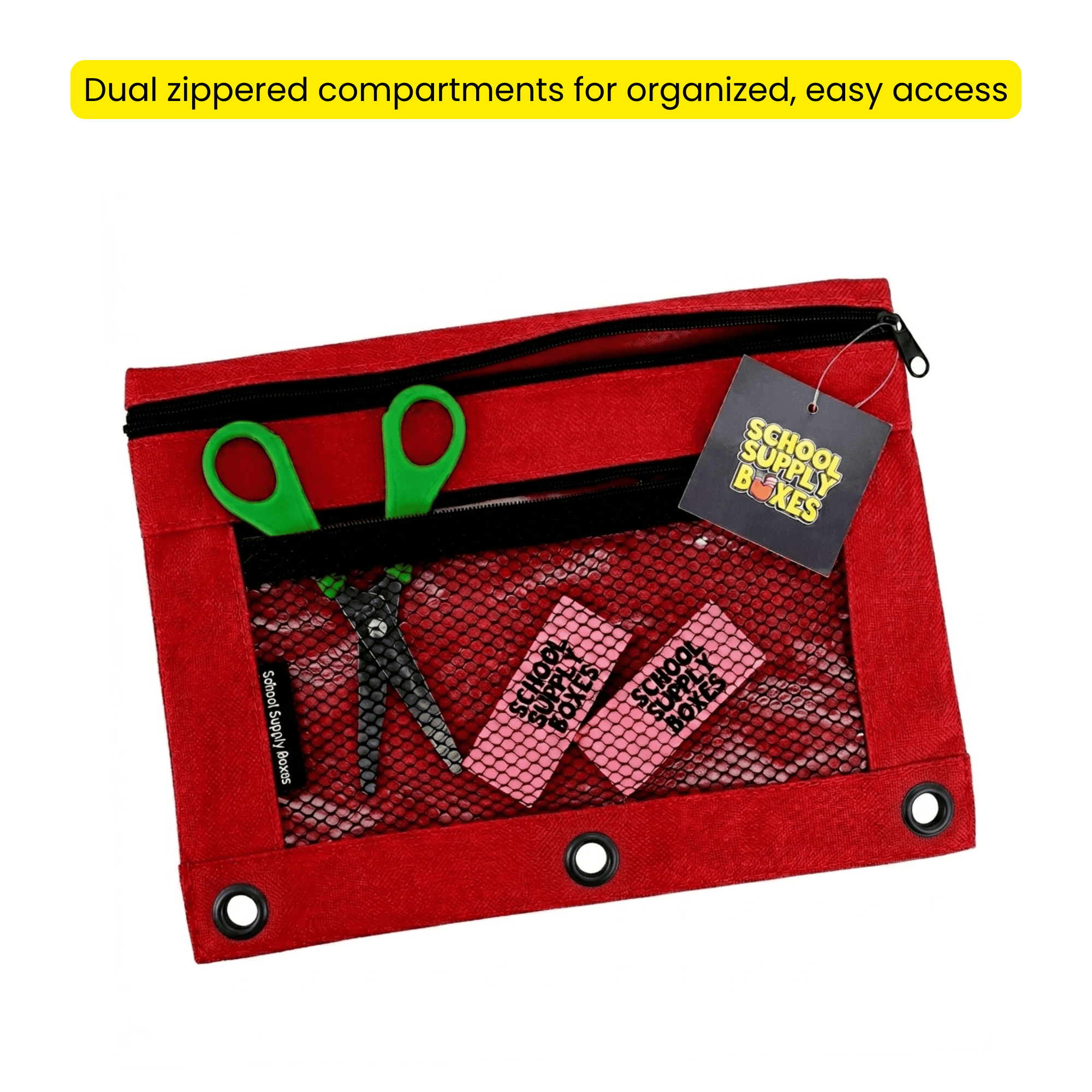 School Supply Boxes | 3 Ring Pencil Bag / Binder Pouch  | 96 Pack | Various Colors (Red, Blue, Green Yellow, or Black)