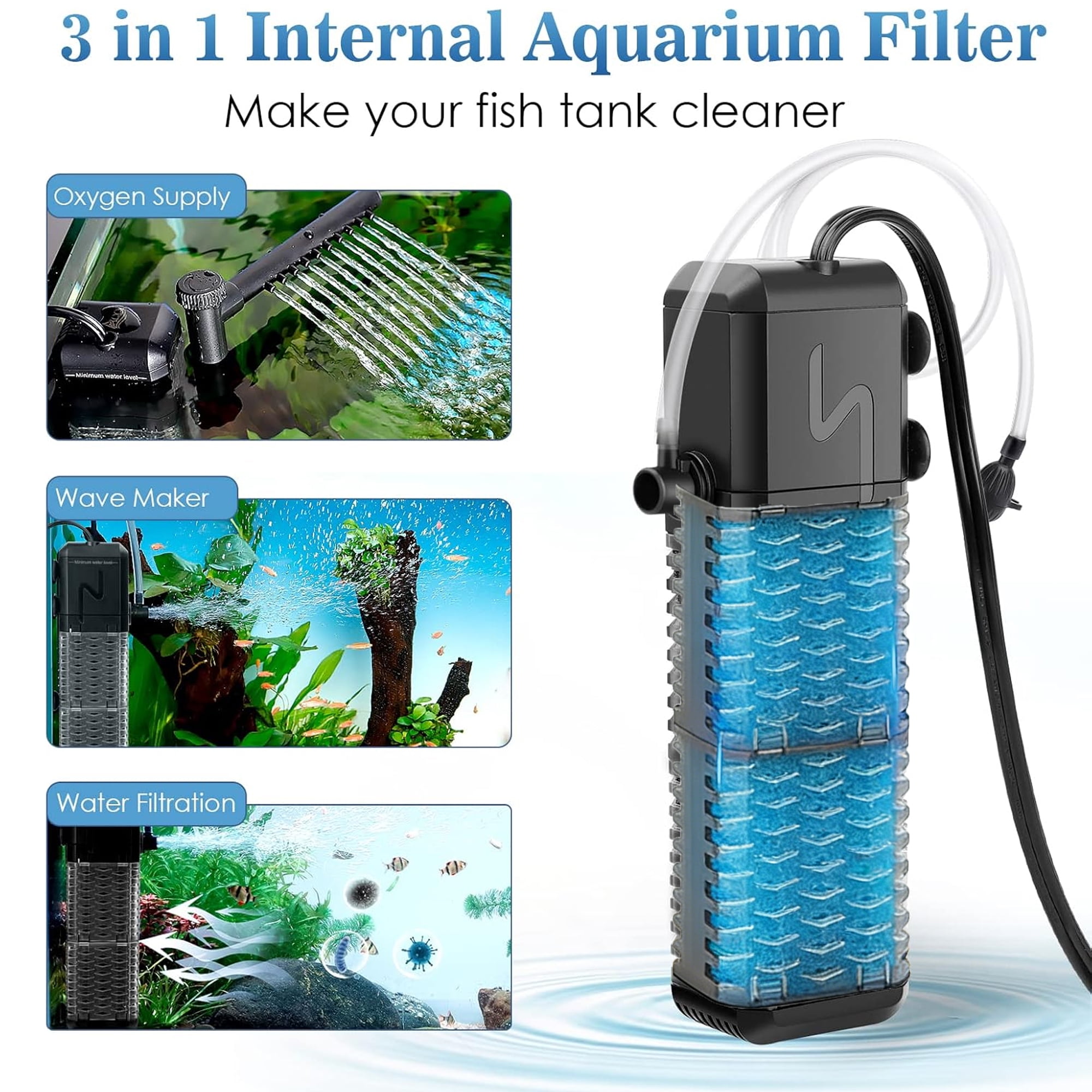 Aquarium Filter for 30-70 Gallons, Fish Tank Filter with Filtration, Oxygenation, Circulation, Adjustable WaterFlow, Submersible Fish Tank Filters with Circulation System for Fresh/Saltwater Tank