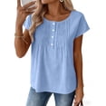 thumbnail image 4 of LEKWK Womens Summer Linen Tops Pleated Front Round Neck Short Sleeve Tops Button Decor Cute Tops Solid Texture Breathable Daily Wear, 4 of 7