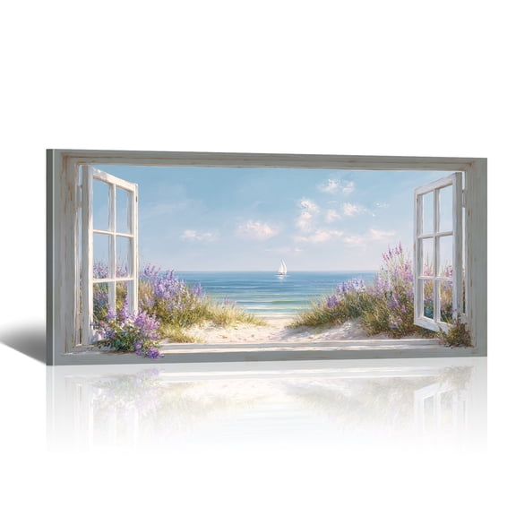 Beach Window Canvas Wall Art - Large Coastal Picture Landscape Canvas Prints Tropical Sea Paintings, Horizontal Summer Seascape Artwork for Living Room Bedroom