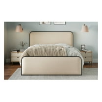 Modern Metal Bed, Curved Upholstered Headboard & Footboard, King, Beige, Under Bed Storage