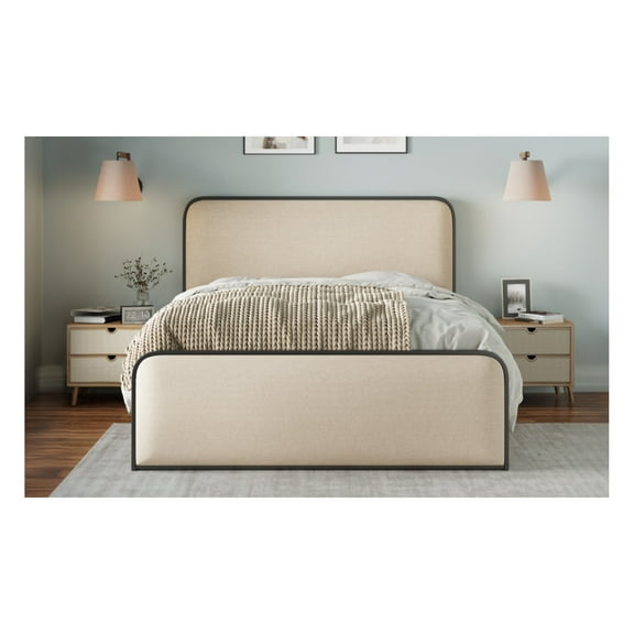 Modern Metal Bed, Curved Upholstered Headboard & Footboard, King, Beige, Under Bed Storage
