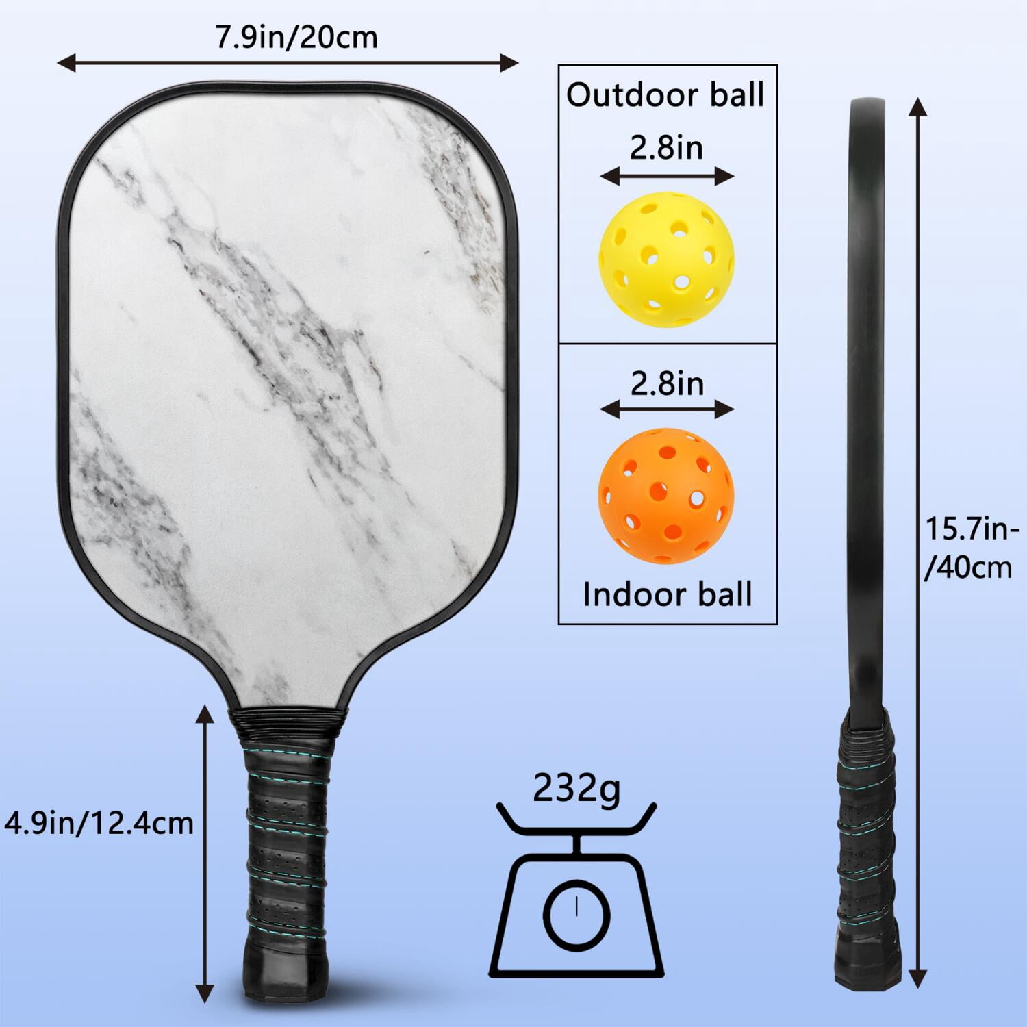 Pickleball Paddles Set Of 2, Fiberglass Surface, Turquoise Marble Pattern, 4 Balls & Bag