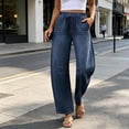 thumbnail image 2 of QQZ Barrel Leg Womens Elastic Waist Pull On Denim Pants, Knee Stitched Baggy Wide Leg Full Length Denim Trousers Suitable For Urban Street Style, Daily Errands And Back To School Outfits, 2 of 7