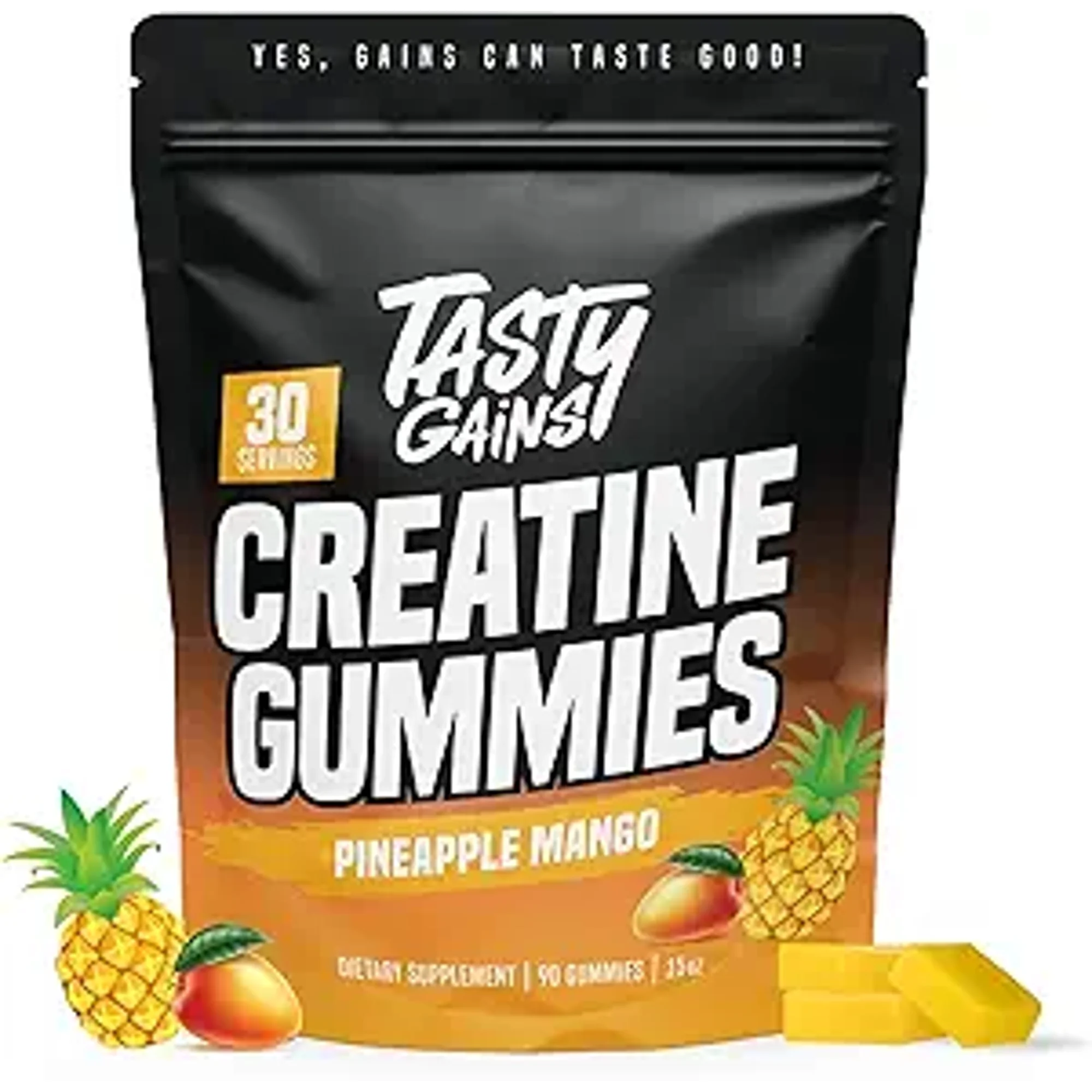 TASTY GAINS Creatine Gummies - 90g of Creatine Monohydrate - Workout Supplements - Build Muscle & Boost Strength for Men & Women - Made in USA - Non GMO - Vegan Friendly (Large, Pineapple Mango)
