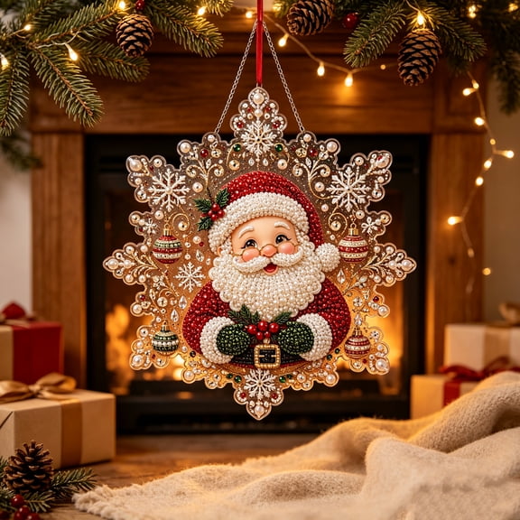 Fountwell Christmas Diamond Painting Suncatcher Kit 8in Snowflake Pearl Bead Craft for Adults Gift